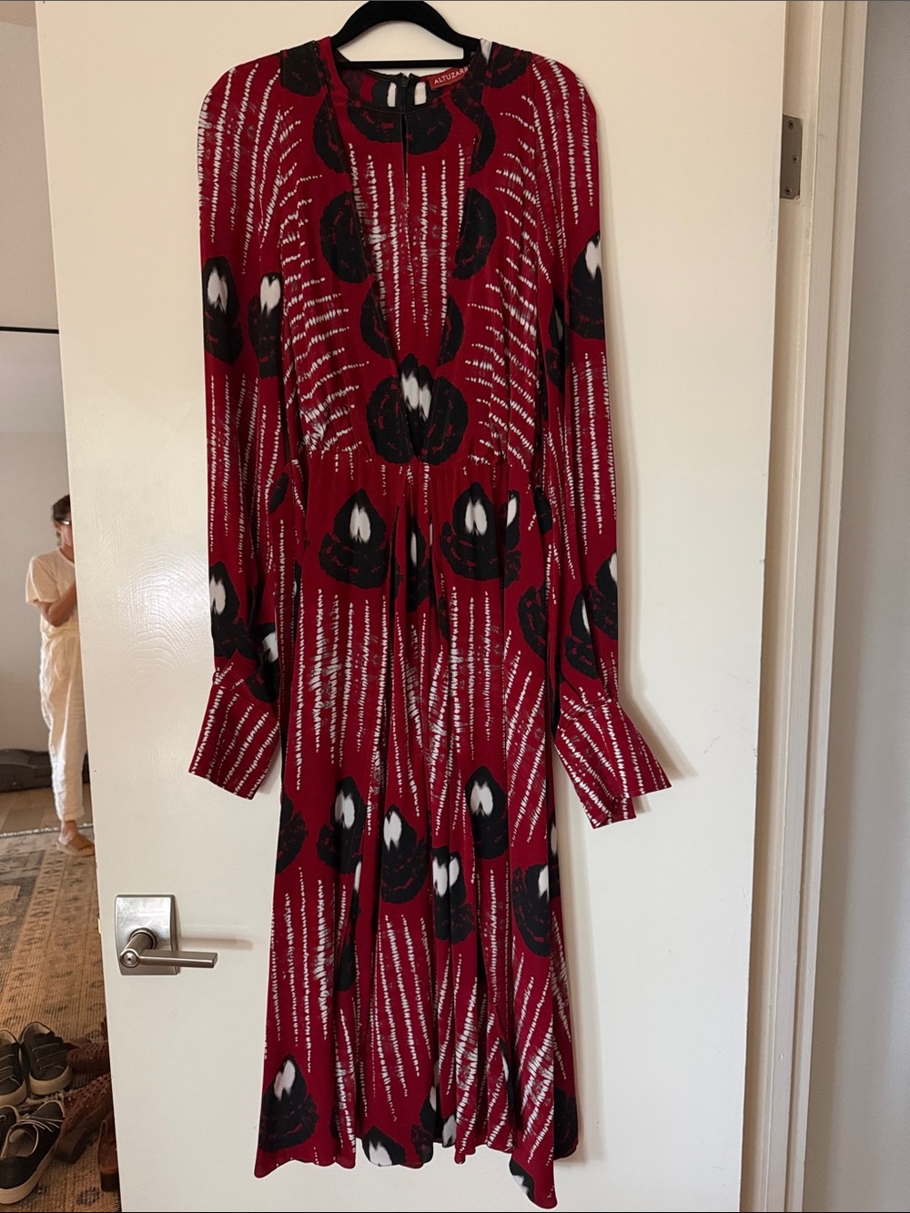 Altuzarra Peirene Midi Dress Red Abstract Silk Satin Pleated Belted